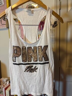 PINK Victoria's Secret White Tank with Black Logo Tag